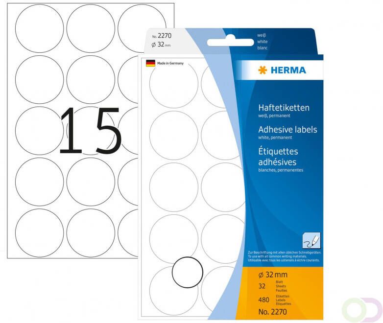Herma Multipurpose-etiketten Ã 32 mm rond wit permanent hechtend om met de hand te